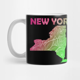 Colorful mandala art map of New York with text in pink and green Mug